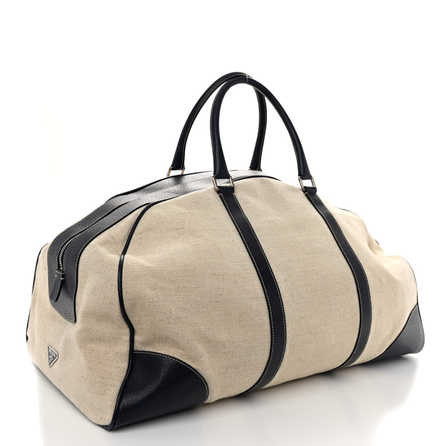 Prada Canvas Calfskin Duffle Beige Navy 2 of 9
