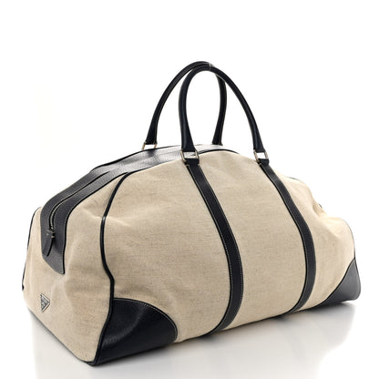 Prada Canvas Calfskin Duffle Beige Navy 2 of 9