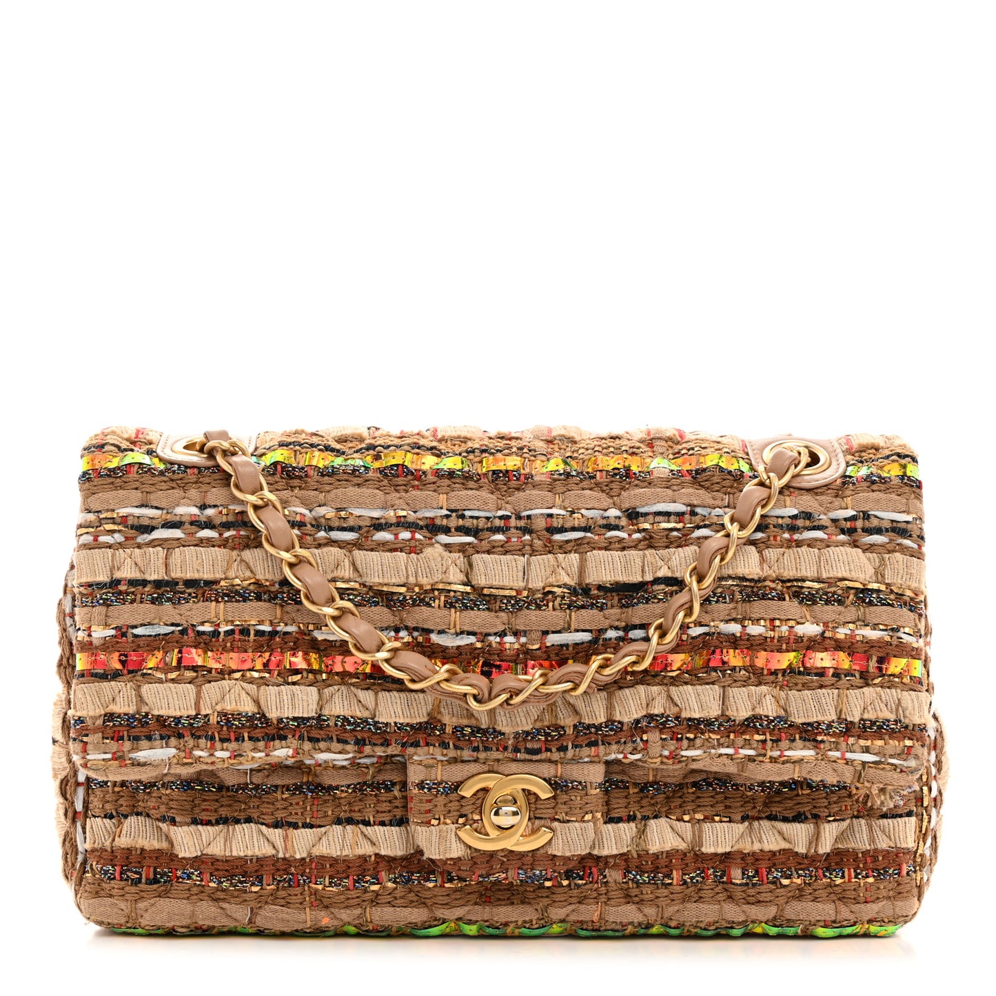 Iridescent Tweed Lambskin Medium Double Flap Dark Beige