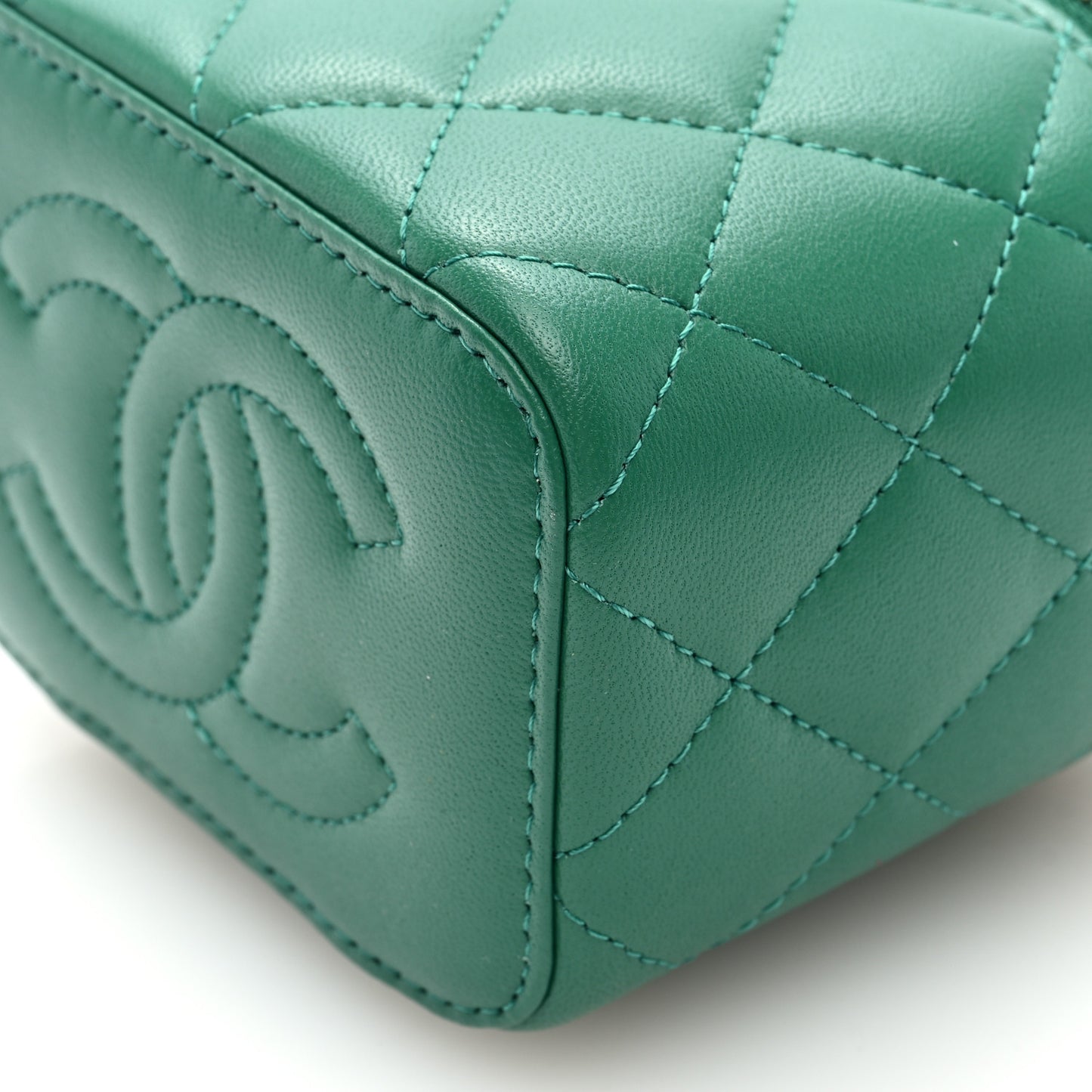 Lambskin Quilted Top Handle Mini Vanity Case With Chain Green