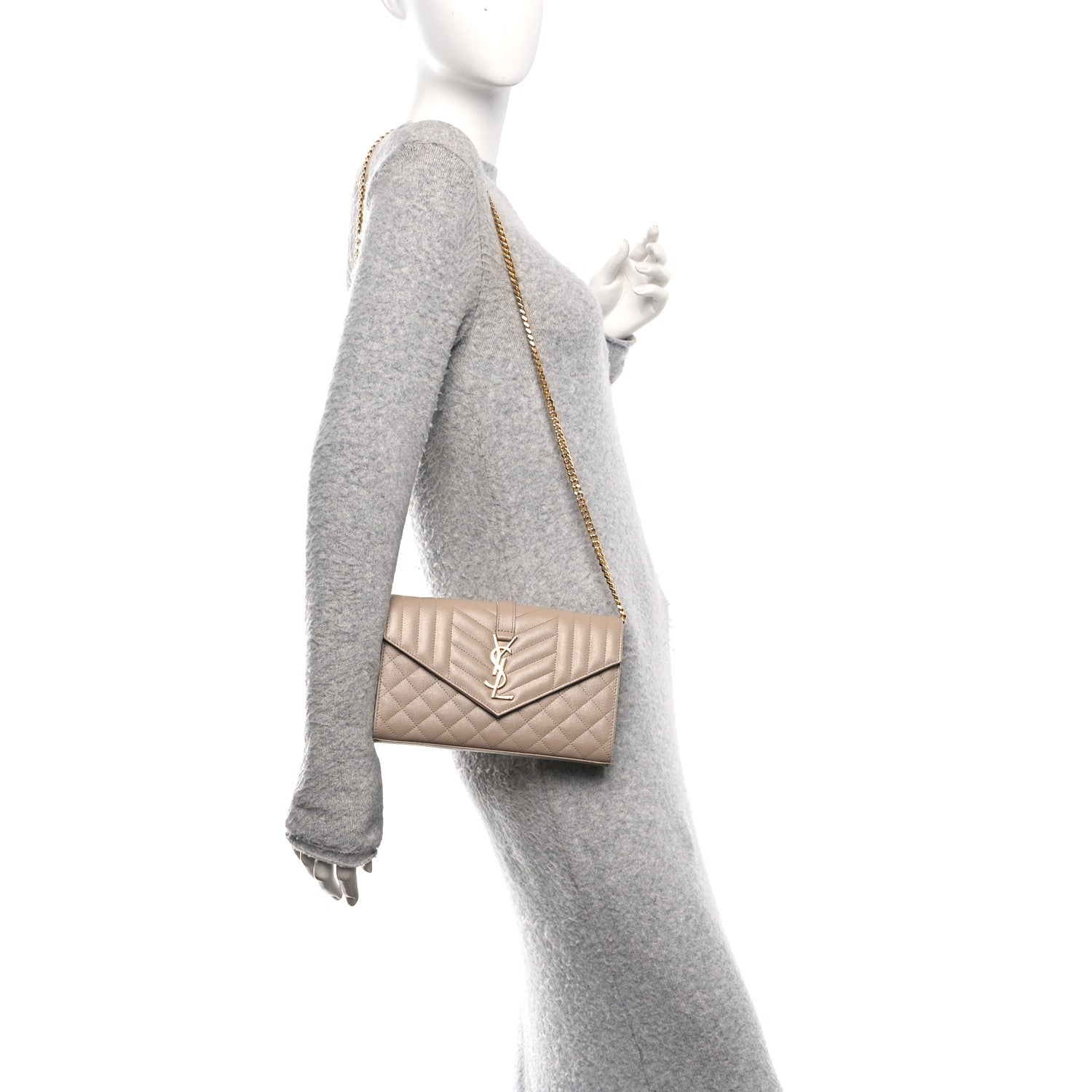 Saint Laurent Grain De Poudre Mixed Matelasse Triquilt Monogram Chain Wallet Dark Beige 2 of 10