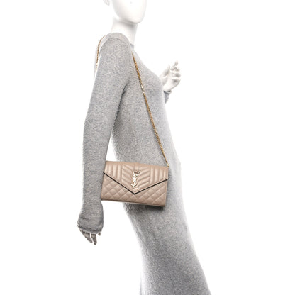 Saint Laurent Grain De Poudre Mixed Matelasse Triquilt Monogram Chain Wallet Dark Beige 2 of 10