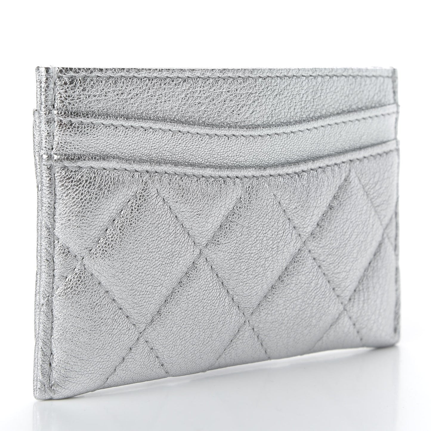 Metallic Lambskin Quilted Card Holder Silver