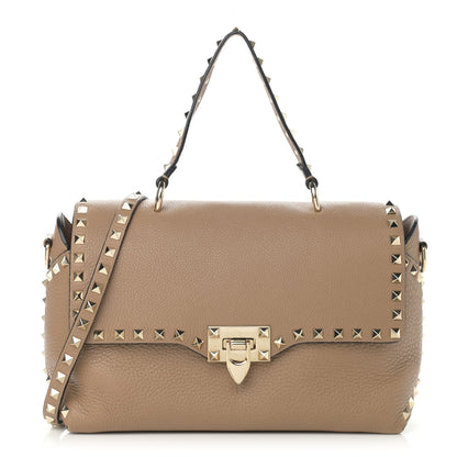 Valentino Garavani Pebbled Calfskin Rockstud Single Handle Flap Bag Beige 1 of 13
