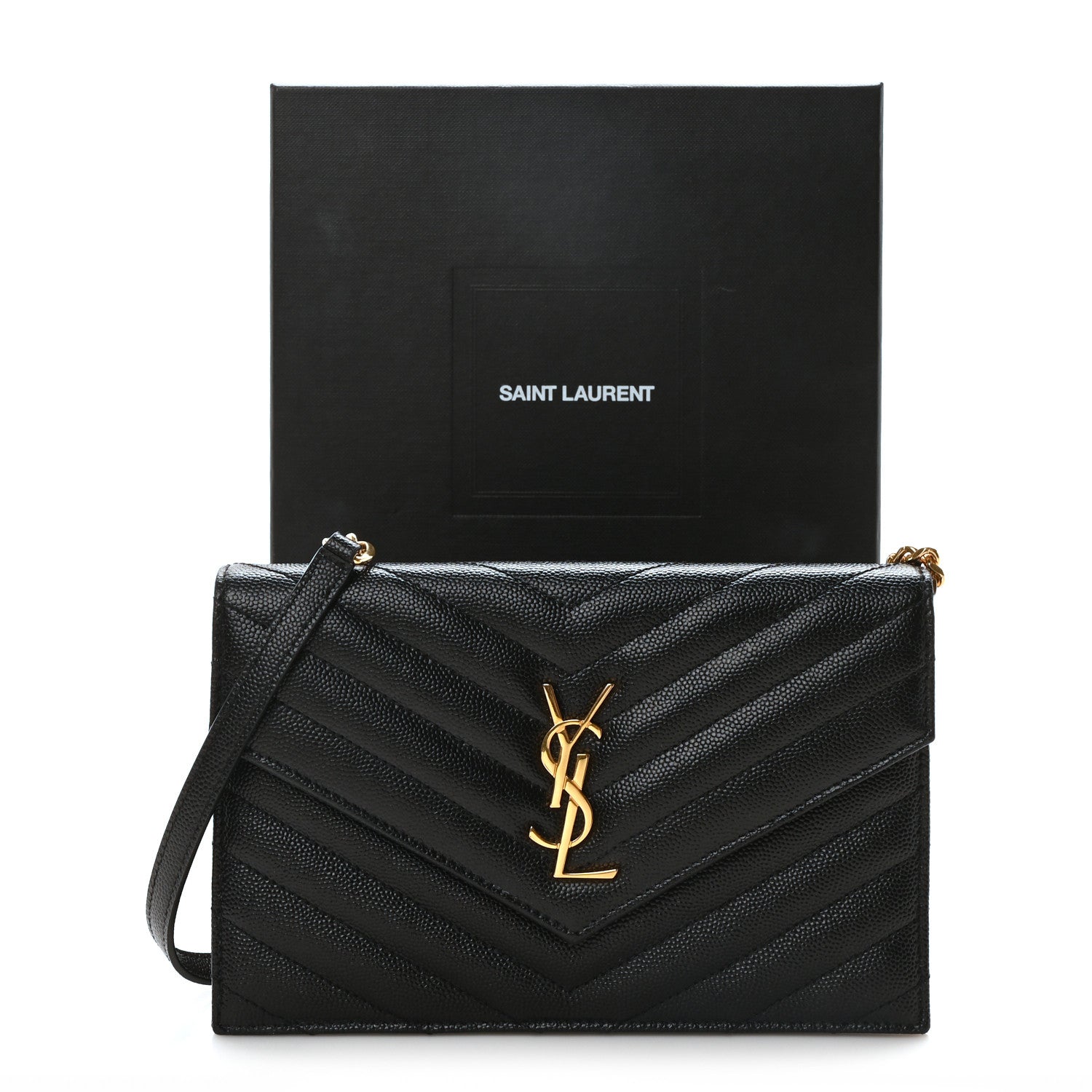 Saint Laurent Grain De Poudre Matelasse Chevron Monogram Envelope Chain Wallet Black 10 of 10