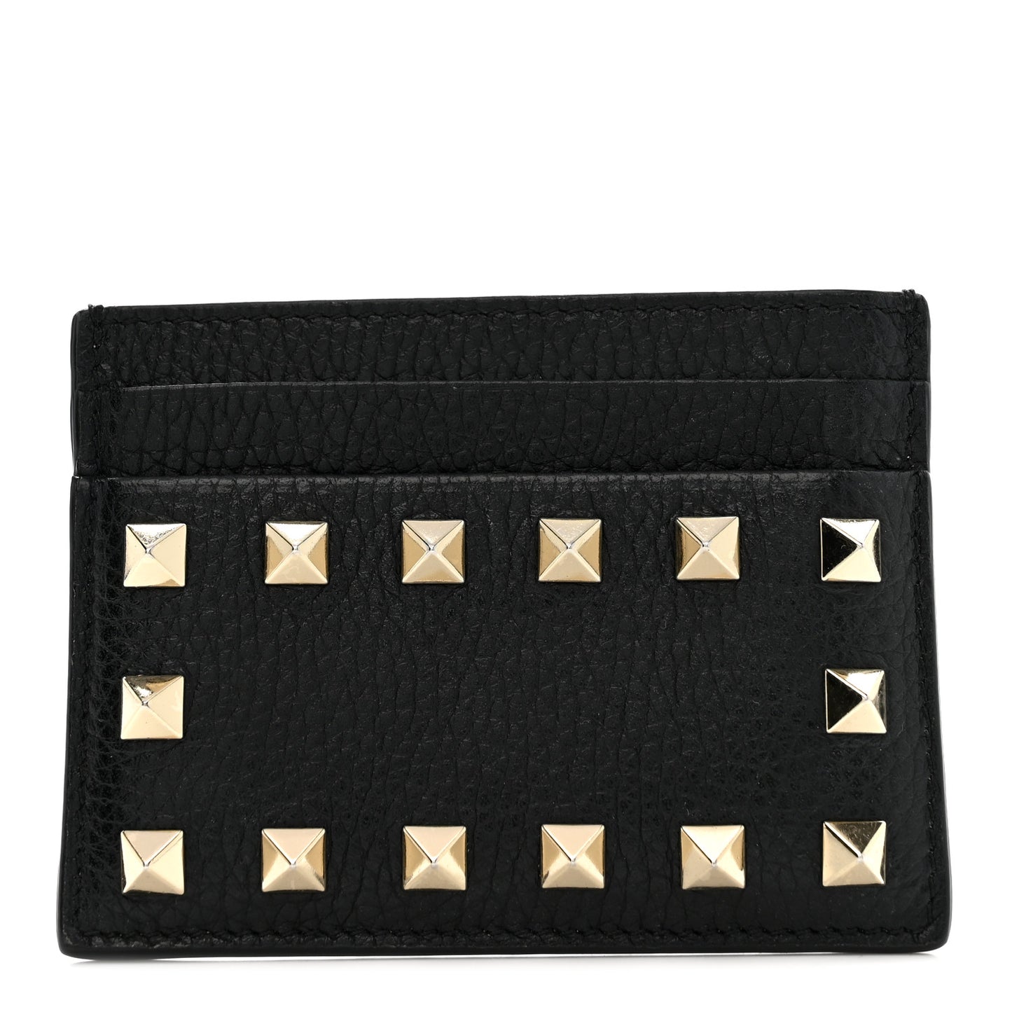 Pebbled Calfskin Rockstud Card Holder Black