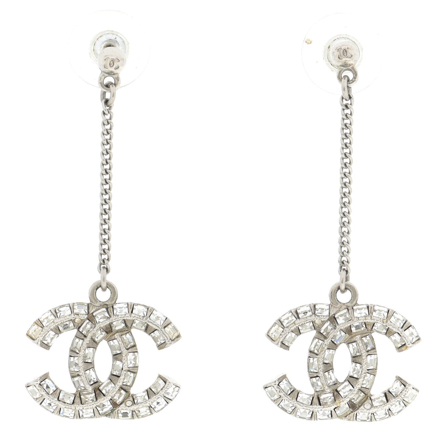 Baguette Crystal CC Drop Earrings Silver