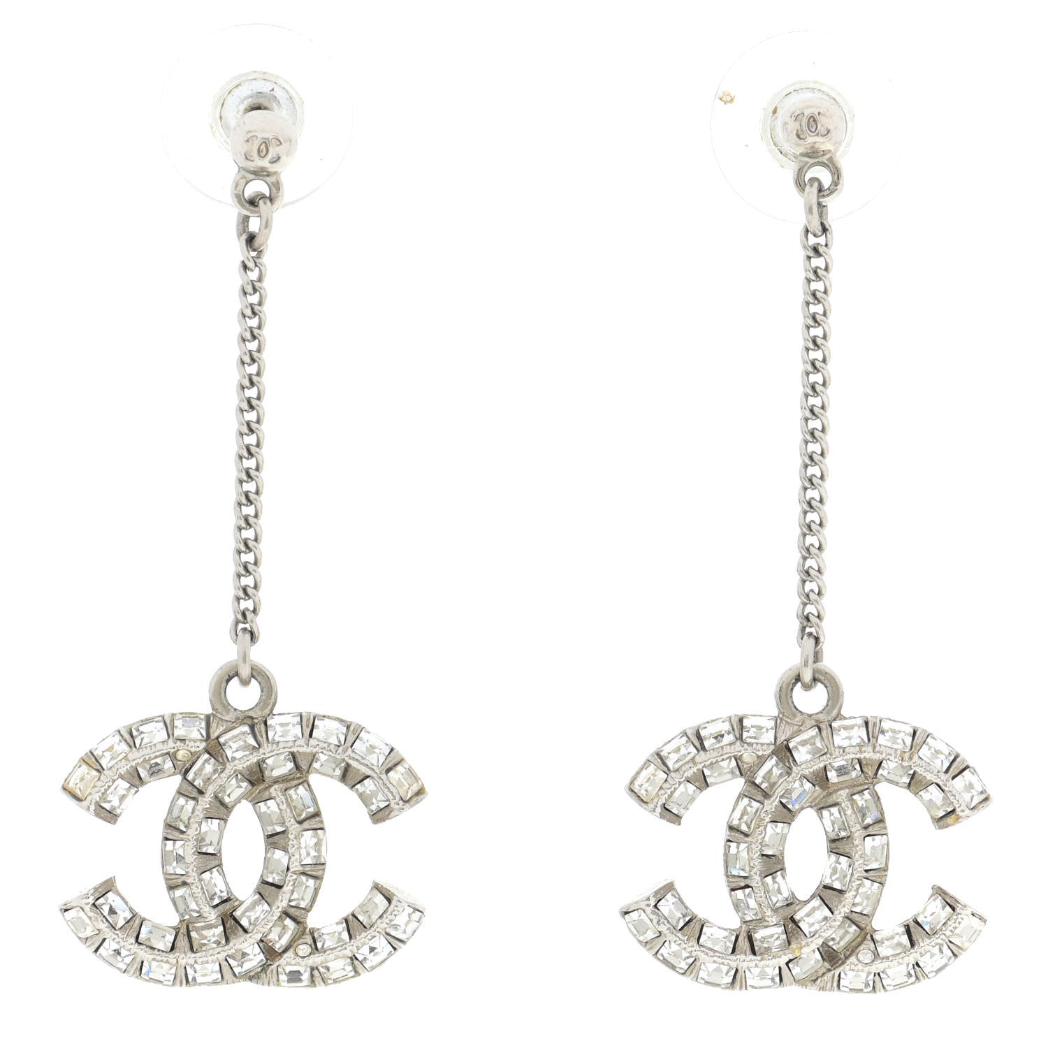 Chanel Baguette Crystal CC Drop Earrings Silver 1 of 4