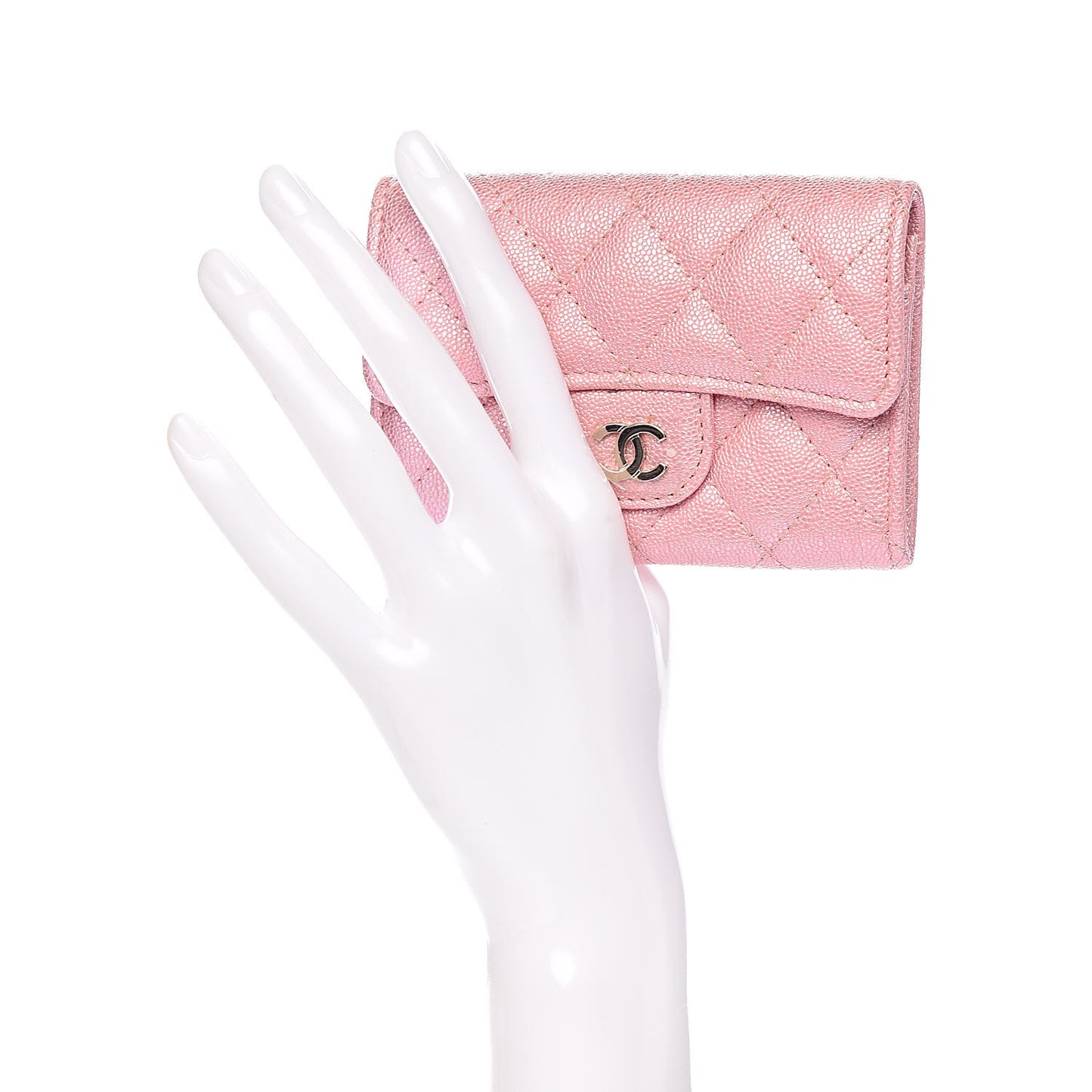 Iridescent Caviar Quilted Flap Card Holder Rose Pink