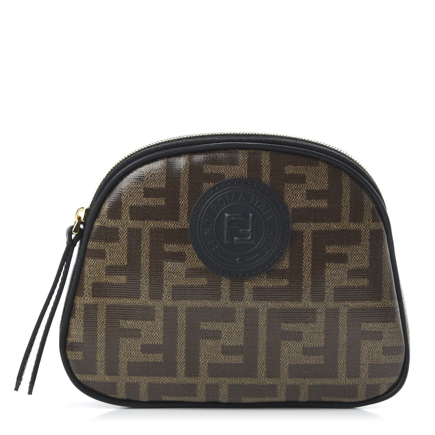 Fendi Glazed Fabric Vitello Century FF 1974 Stamp Patch Medium Cosmetic Case Mogano Panna Black 1 of 10
