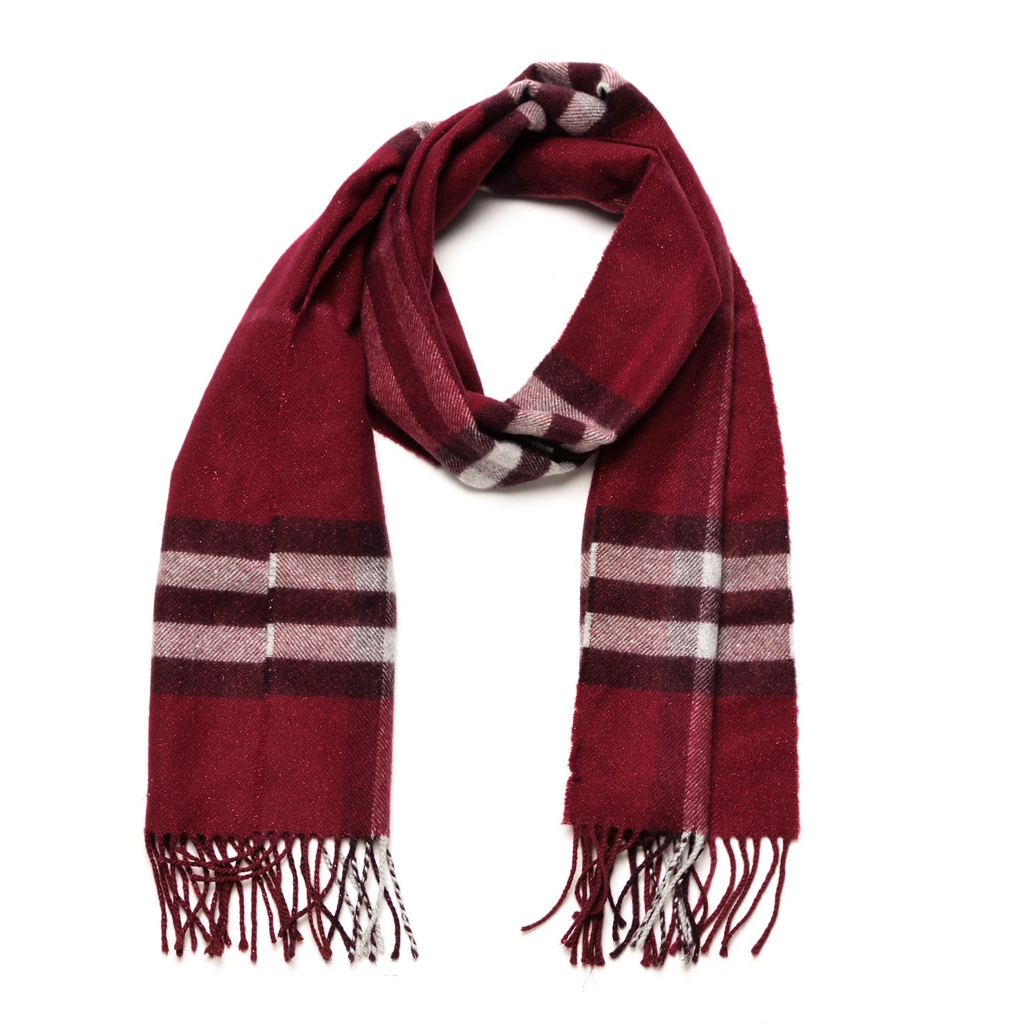 Burberry Cashmere Metallic Giant Check Fringe Scarf Red 1 of 4