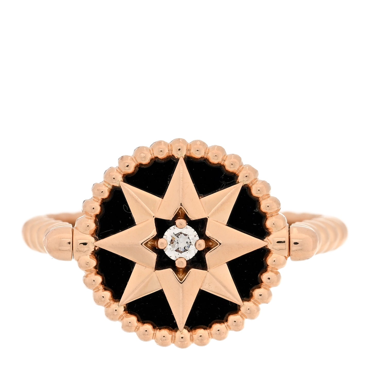 18K Rose Gold Diamond Black Onyx Rose Des Vents Ring 53 6.5