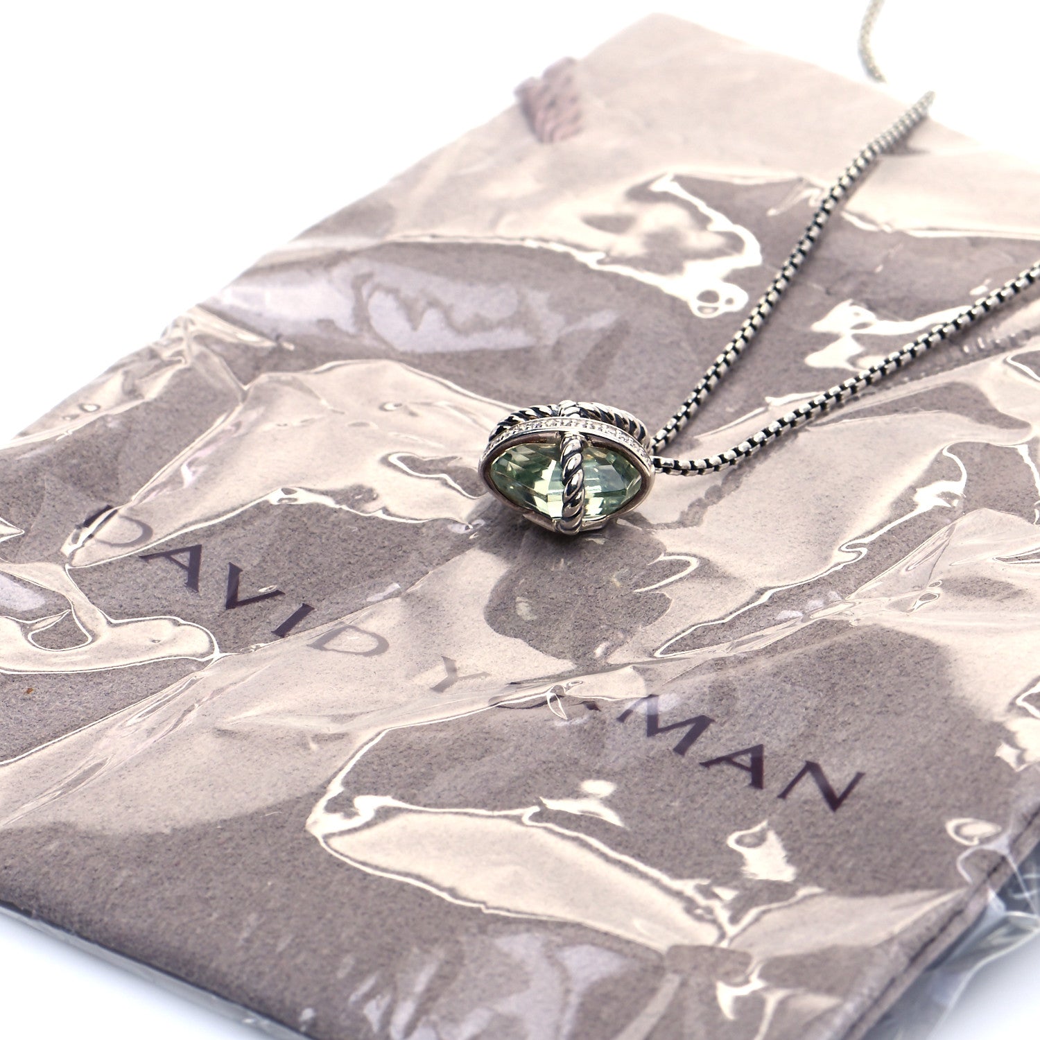 David Yurman Sterling Silver Diamond Prasiolite 10mm Petite Cable Wrap Pendant Necklace 6 of 6