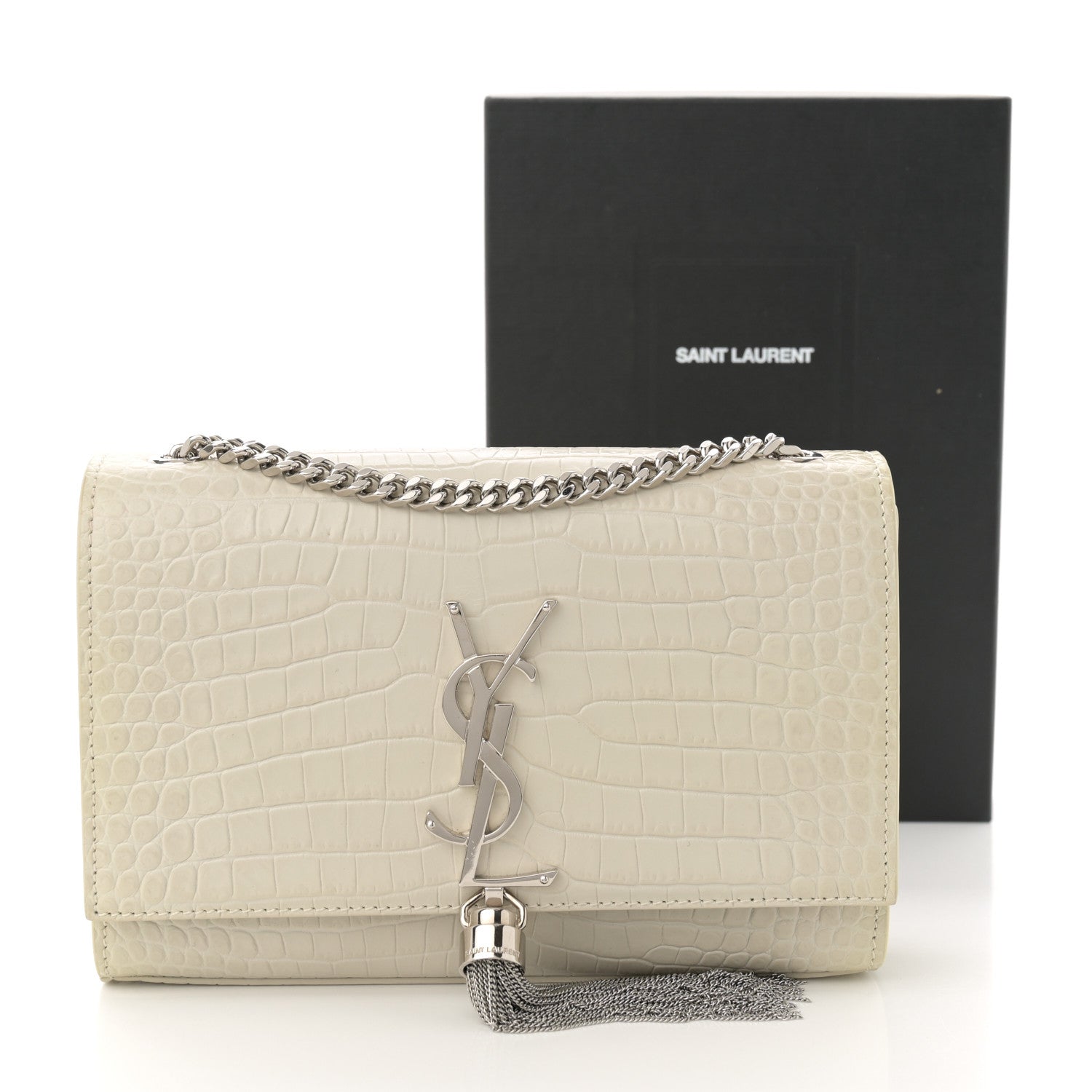 Saint Laurent Calfskin Crocodile Embossed Small Classic Monogram Kate Tassel Satchel Crema Soft 11 of 11