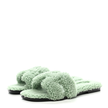 Hermes Woolskin Oran Sandals 37.5 Vert D'Eau 3 of 8