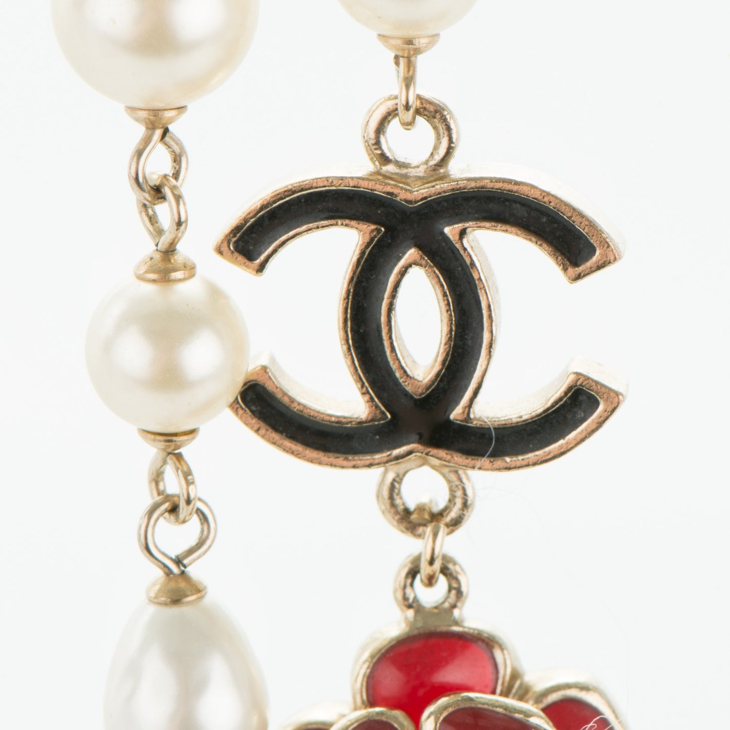 Pearl Enamel CC Camellia Long Necklace Black Red Gold
