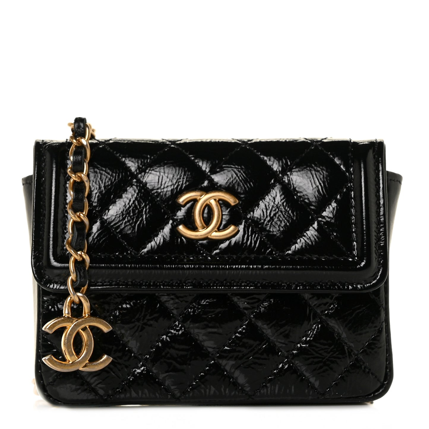 Shiny Aged Calfskin Quilted Waist Belt Bag Black