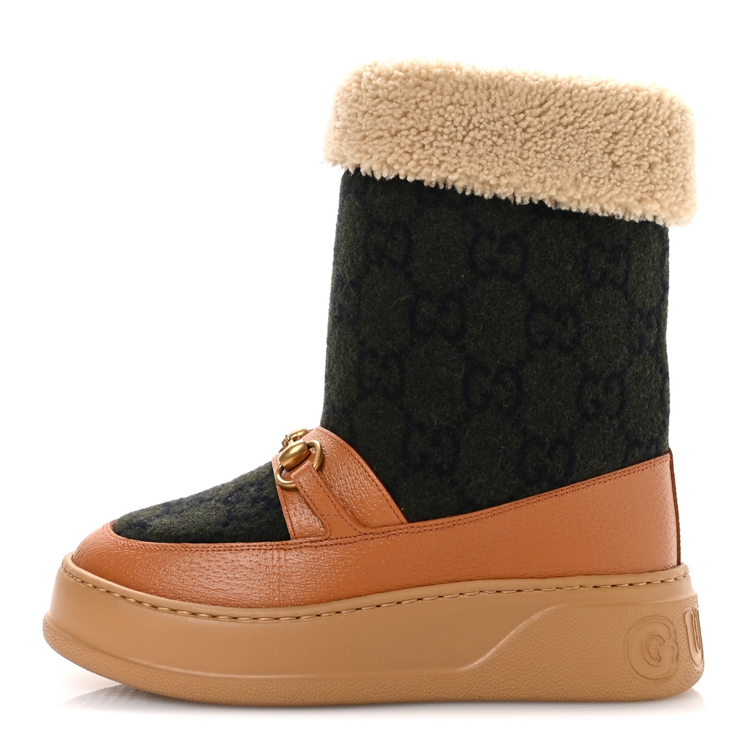 Gucci Covered Wool Monogram Textured Dollar Calfskin Shearling Horsebit Snow Boots 37 Underwood Blue Hazel Brown 1 of 8