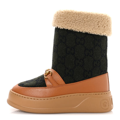 Gucci Covered Wool Monogram Textured Dollar Calfskin Shearling Horsebit Snow Boots 37 Underwood Blue Hazel Brown 1 of 8