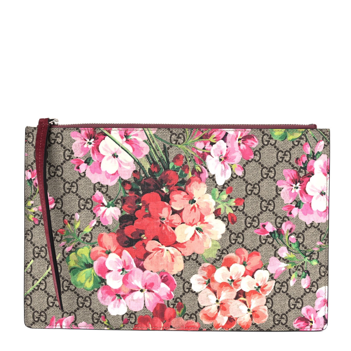 GG Supreme Monogram Blooms Suede Large Zip Pouch Beige Multicolor Dry Rose