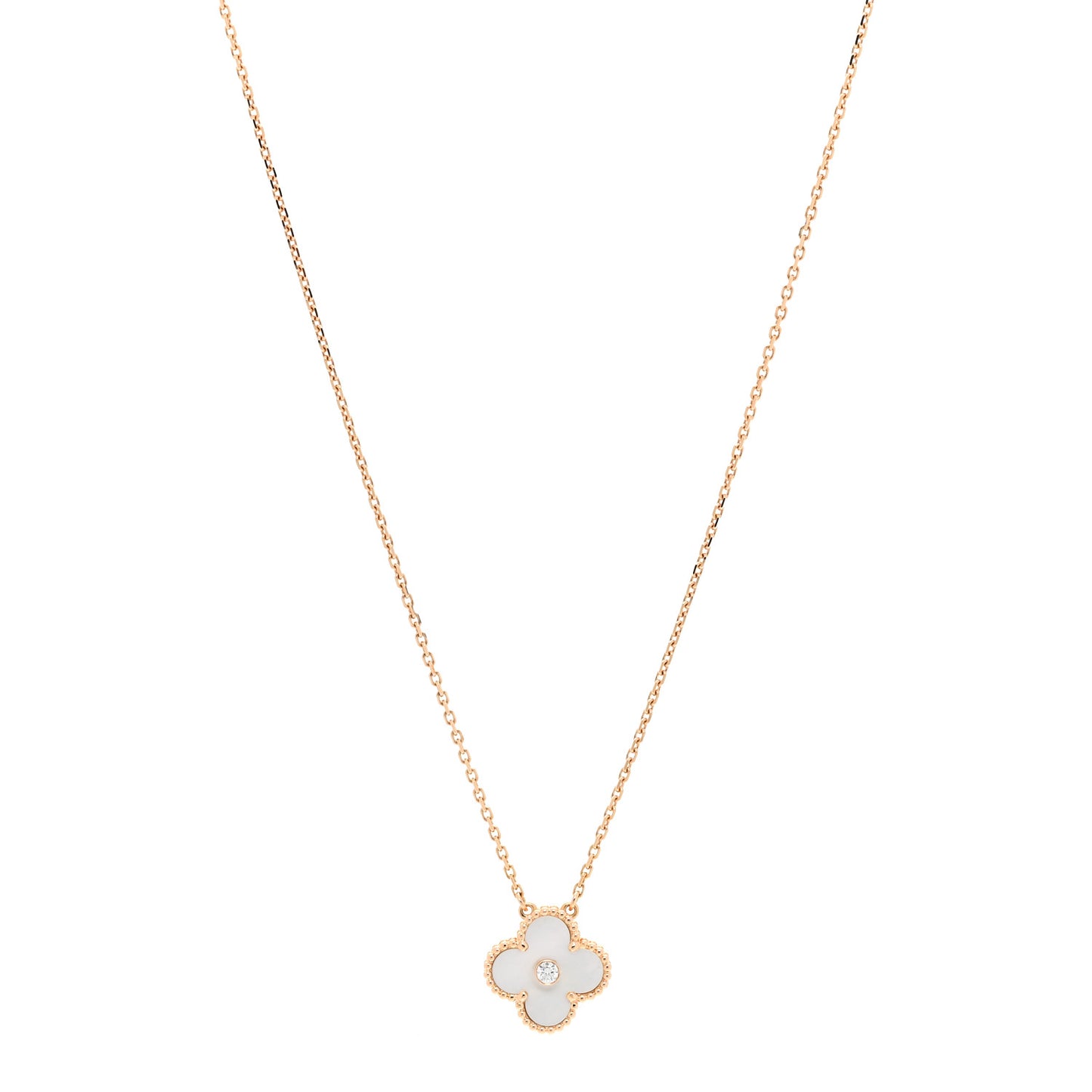 18K Rose Gold Diamond Mother of Pearl Vintage Alhambra Pendant Necklace