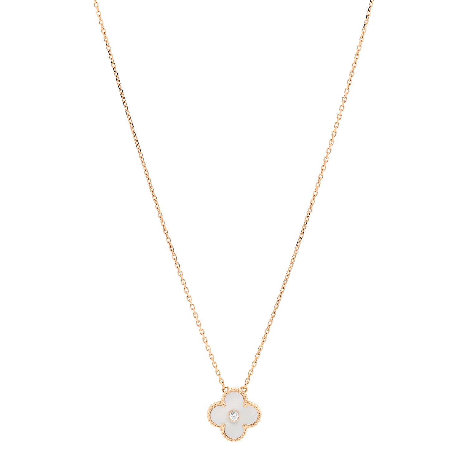Van Cleef & Arpels 18K Rose Gold Diamond Mother of Pearl Vintage Alhambra Pendant Necklace 1 of 5