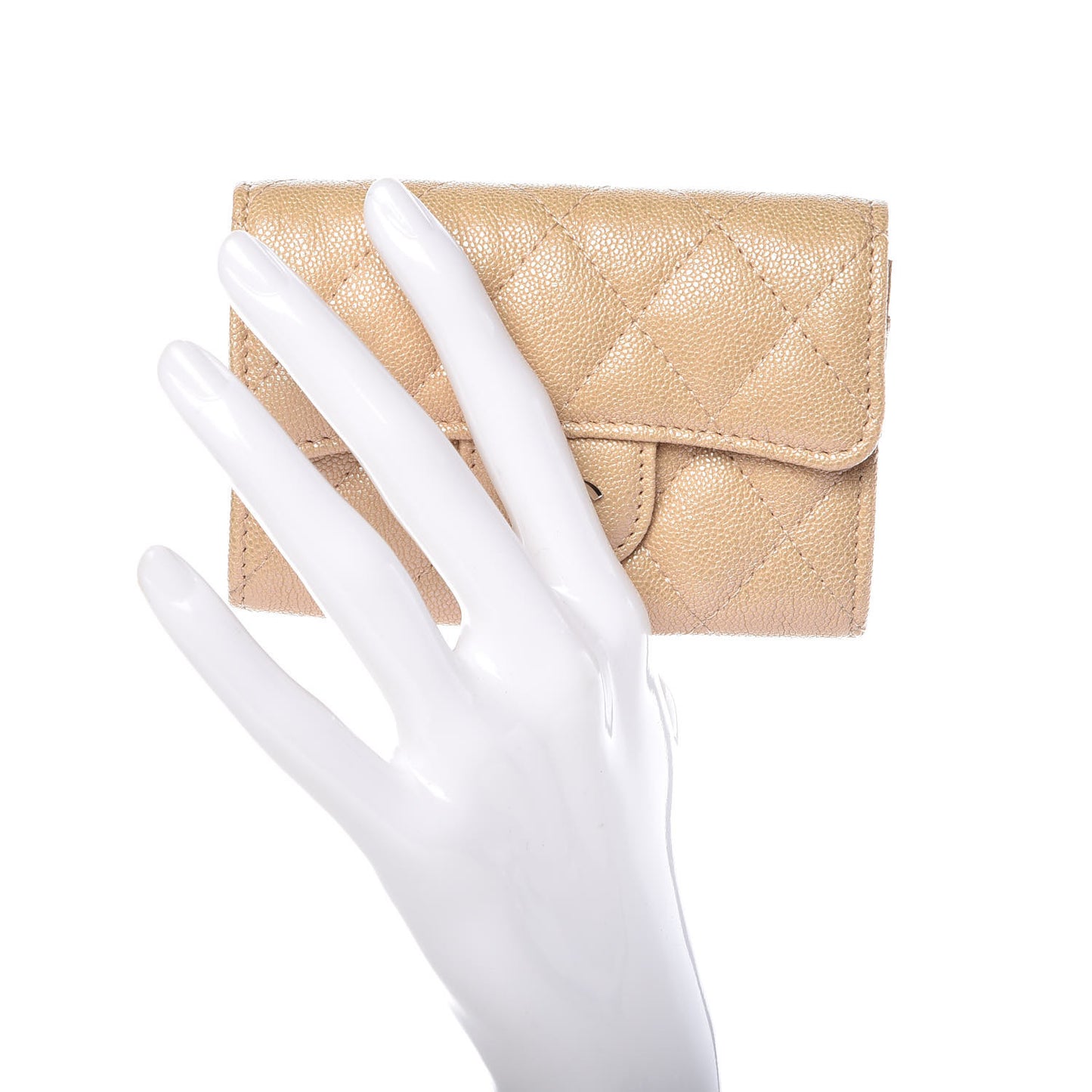Iridescent Caviar Quilted Flap Card Holder Beige