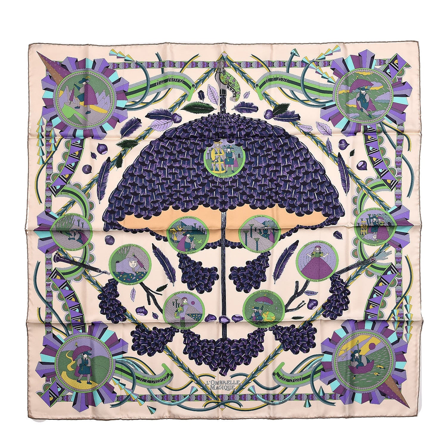 Hermes Silk L'Ombrelle Magique Scarf 90 Beige Rose Violet Parme 1 of 8