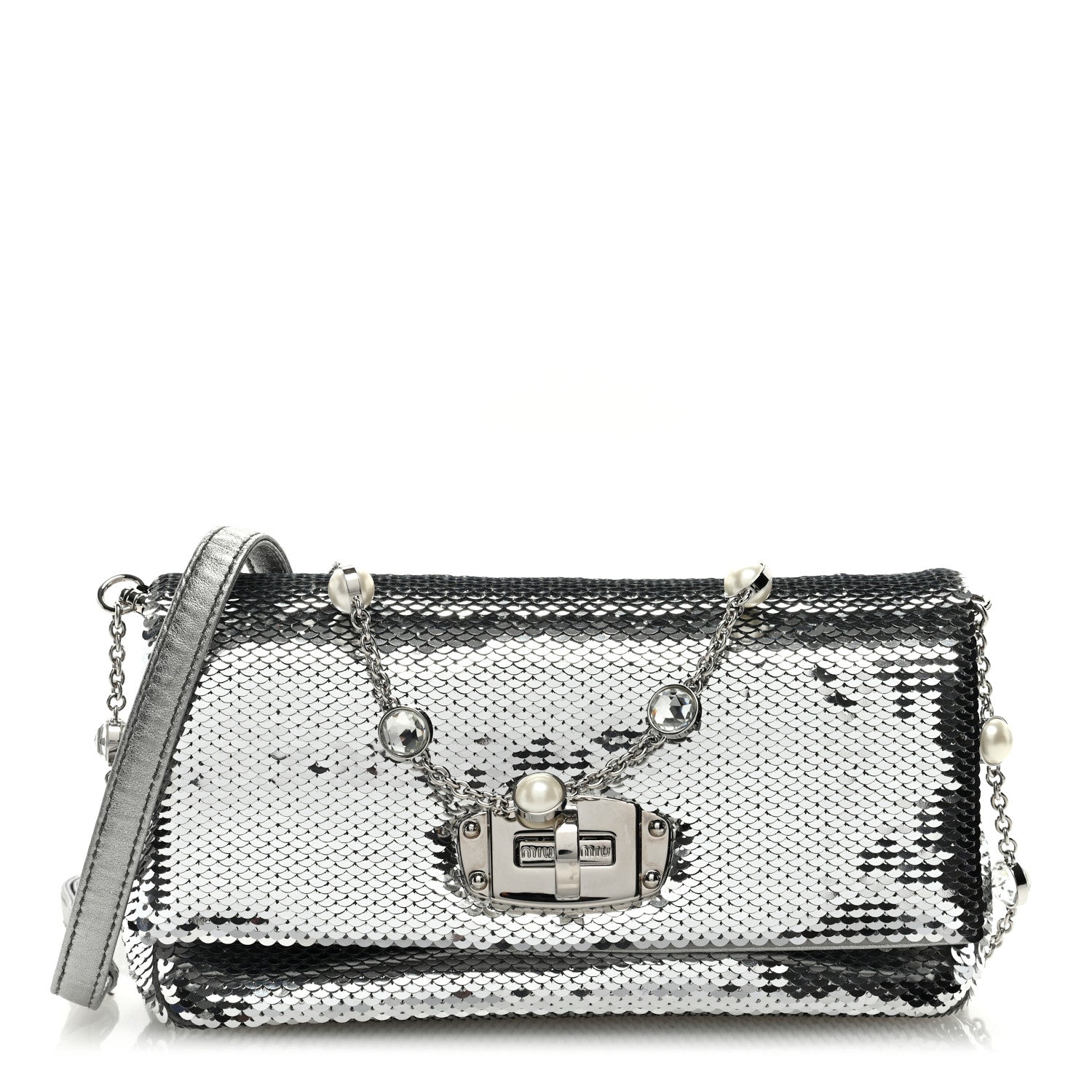 Miu Miu Paillettes Crystal Sequin Flap Argento 1 of 9