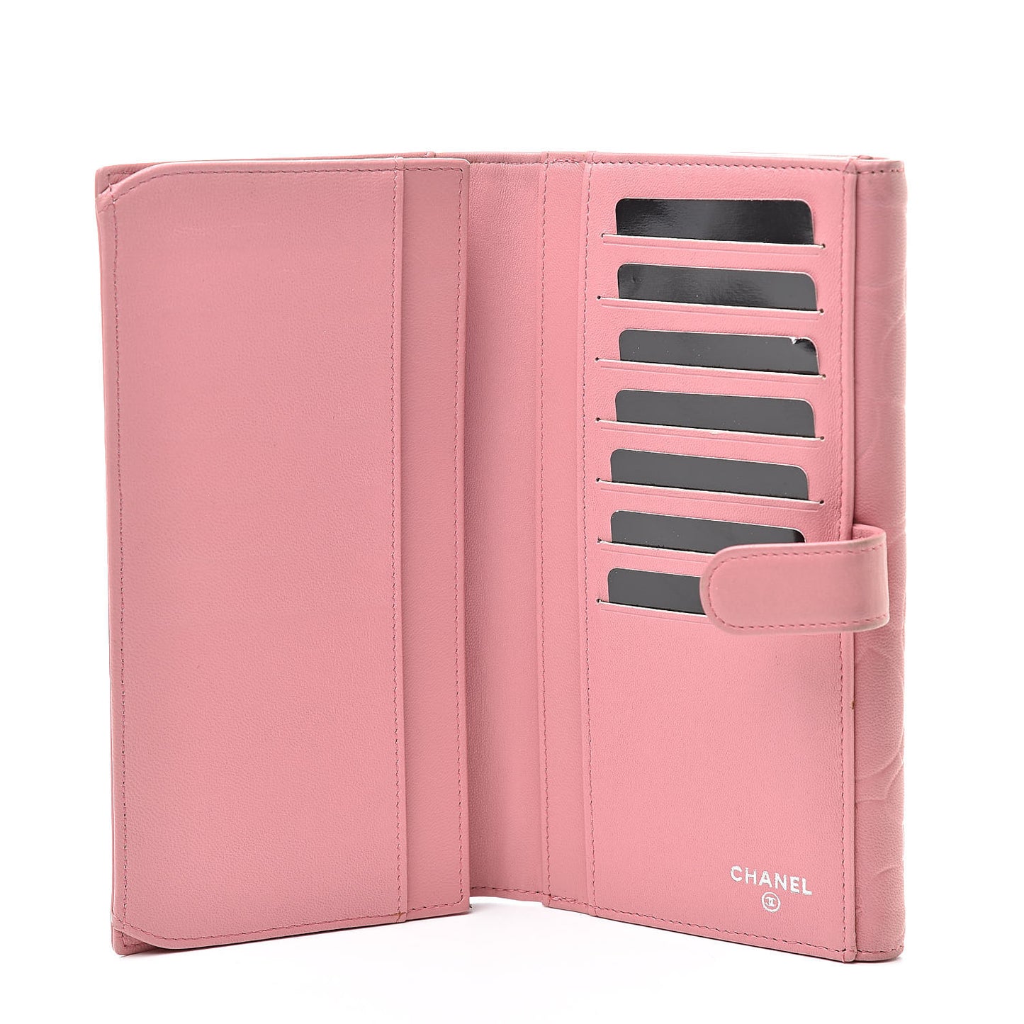 Lambskin Camellia Embossed Long Double Wallet Pink