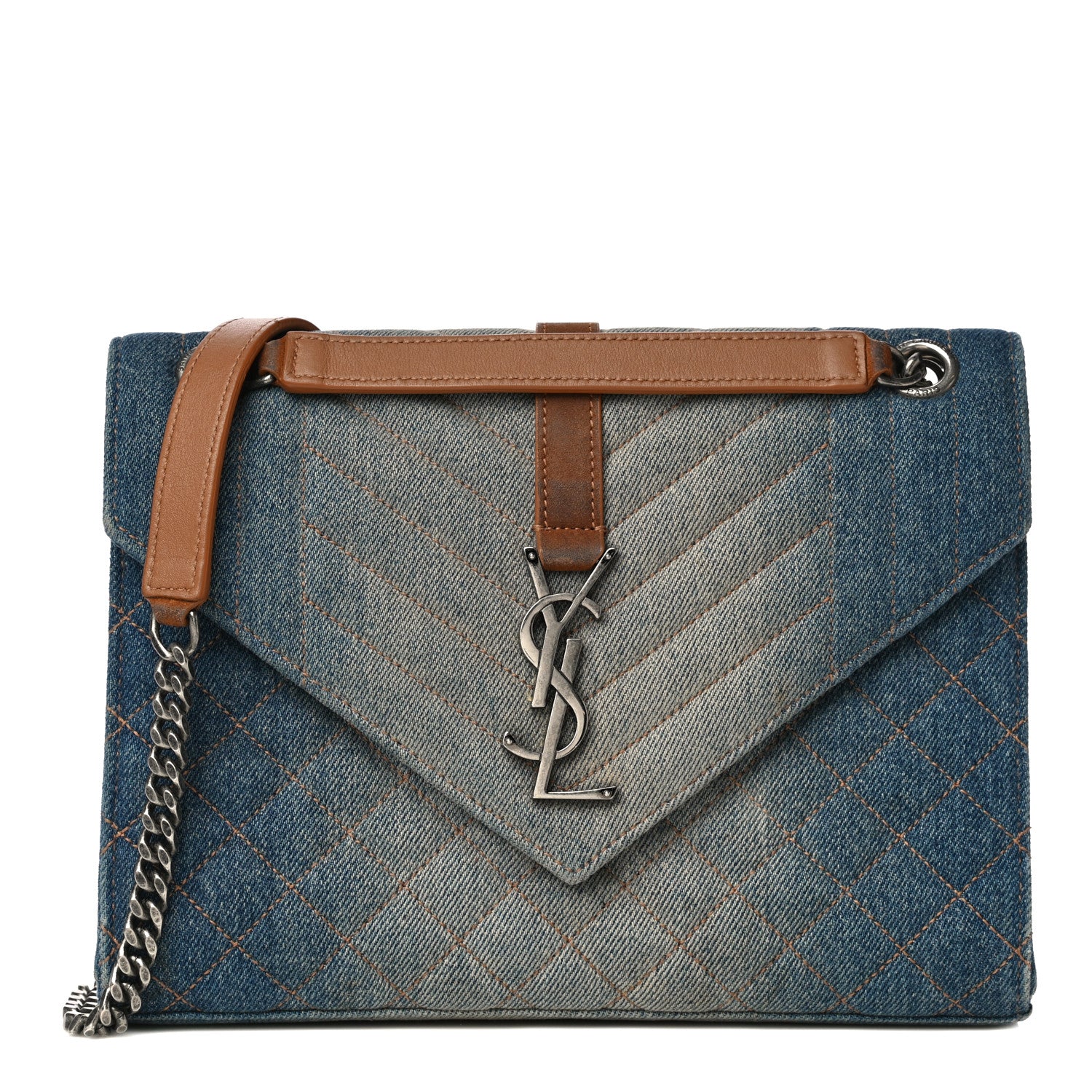 Saint Laurent Denim Mixed Matelasse Triquilt Medium Monogram Envelope Satchel Blue 1 of 15