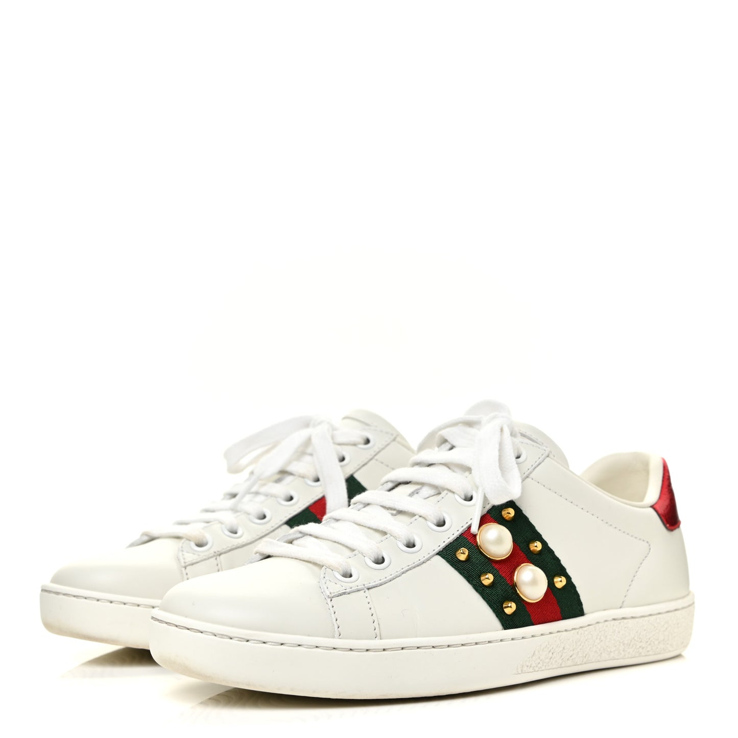 Calfskin Web Pearl Studded Womens Ace Sneakers 35 White
