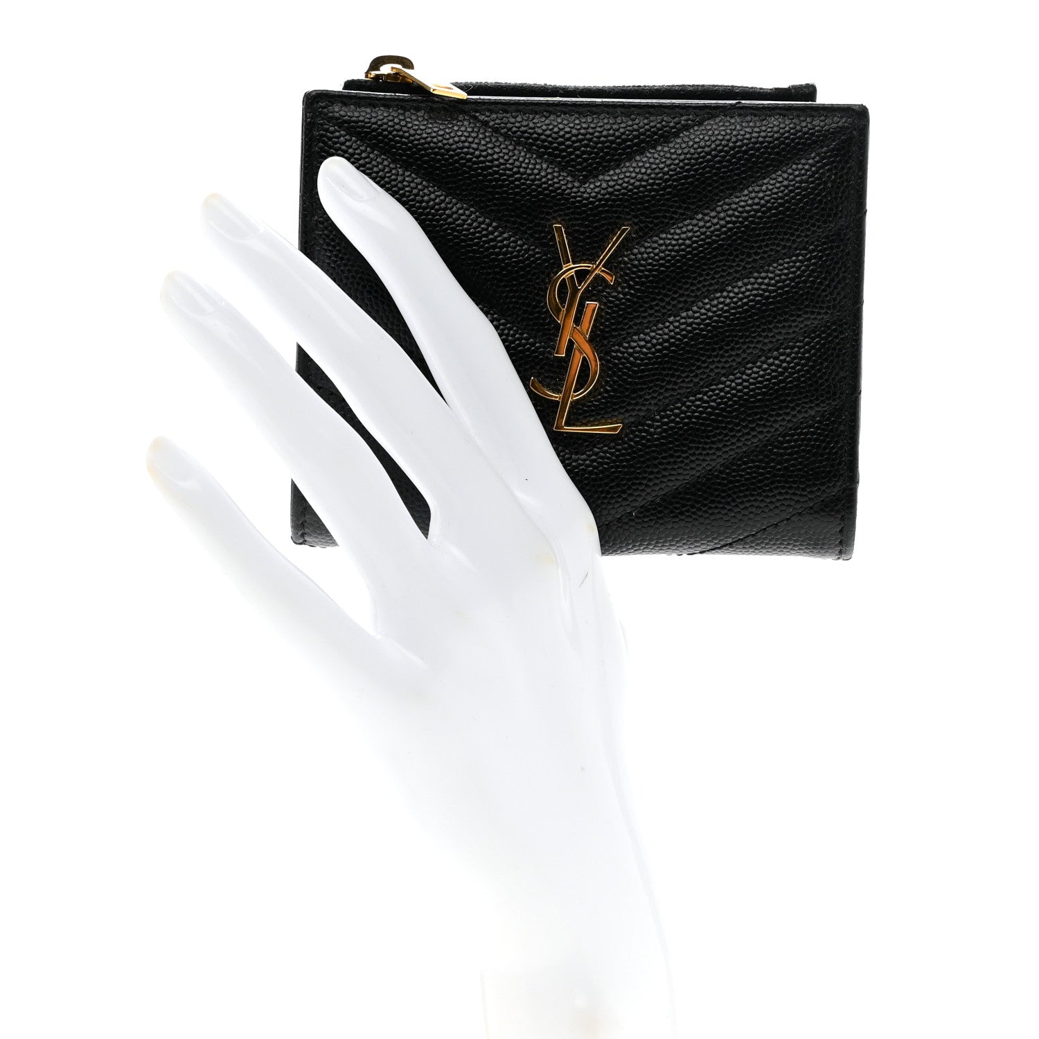 Saint Laurent Grain De Poudre Matelasse Chevron Monogram Zipped Card Case Black 2 of 6
