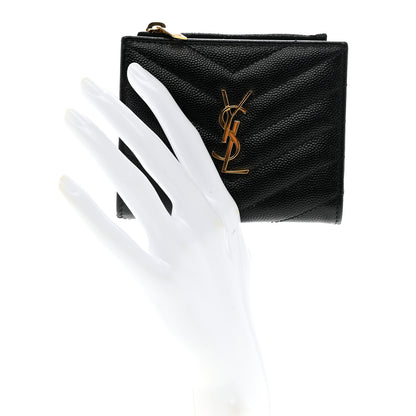 Saint Laurent Grain De Poudre Matelasse Chevron Monogram Zipped Card Case Black 2 of 6
