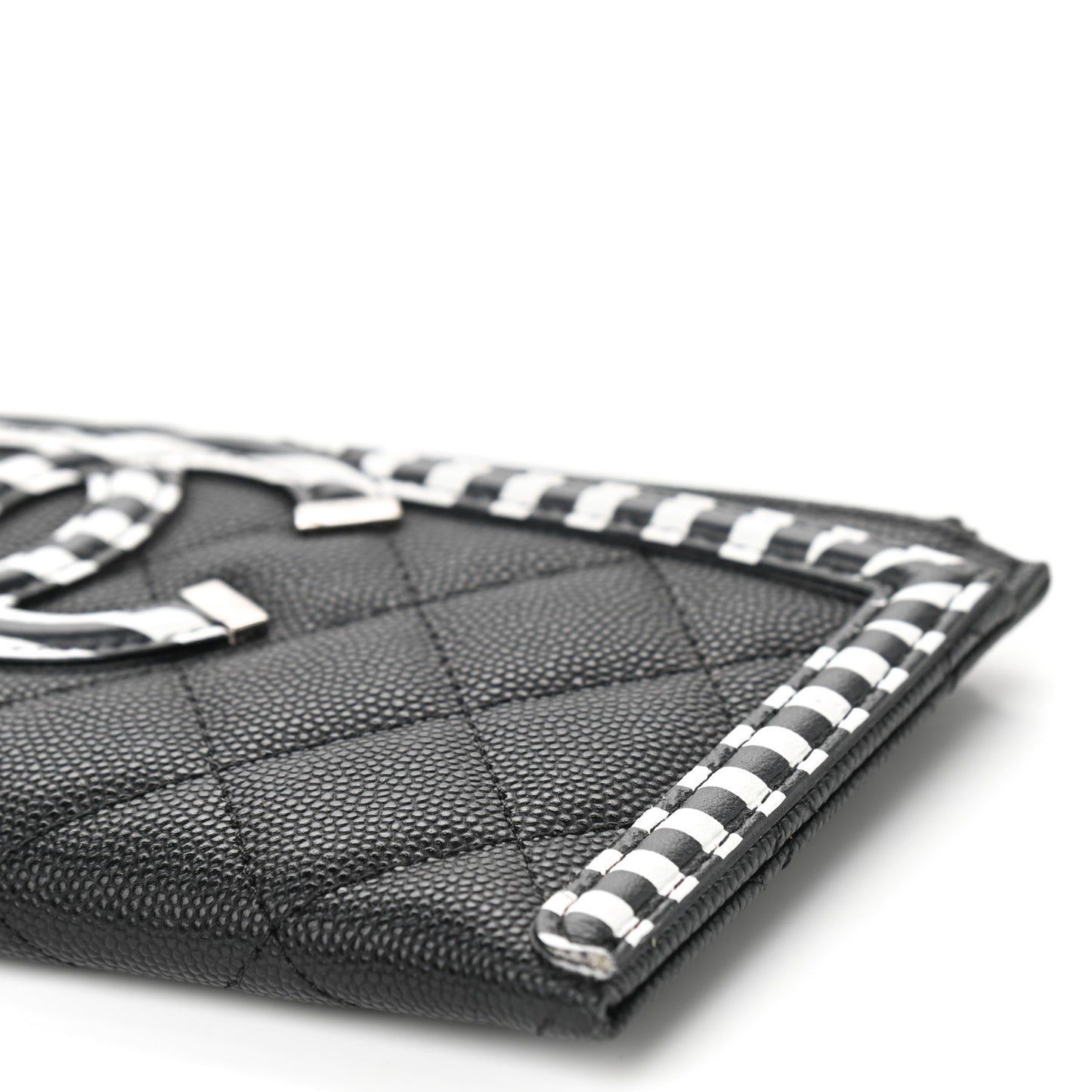Caviar Quilted Stripe Filigree Zip Pouch Black White