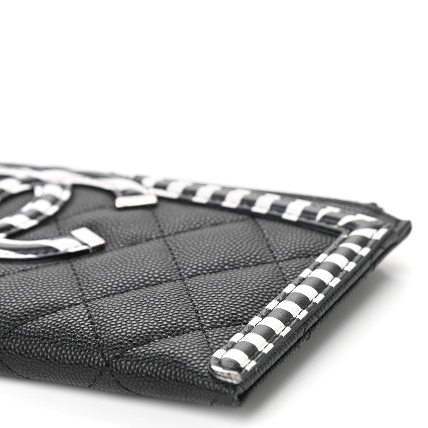 Chanel Caviar Quilted Stripe Filigree Zip Pouch Black White 8 of 8