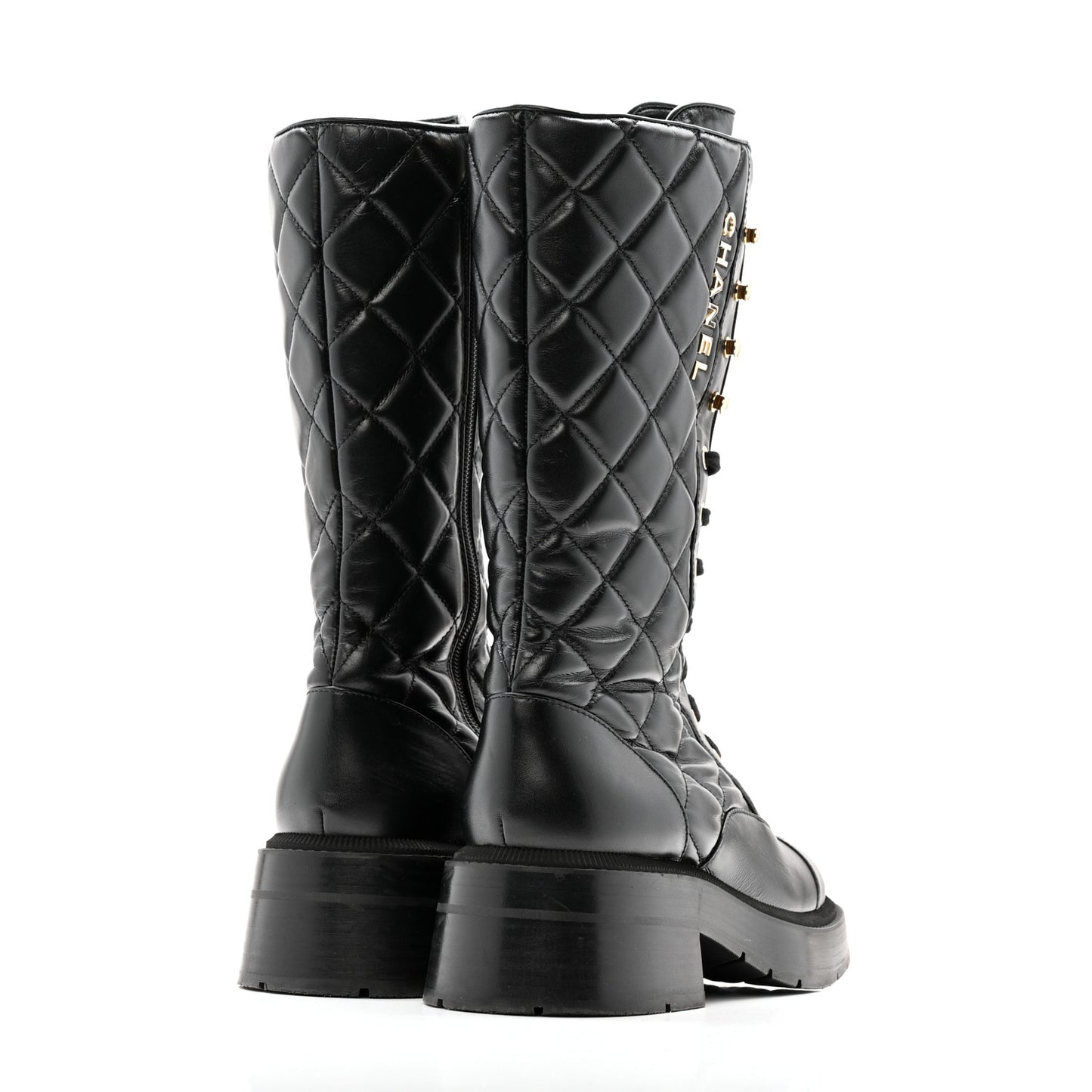 Calfskin Quilted Logo Lace Up Tall Combat Boots 37.5 Black