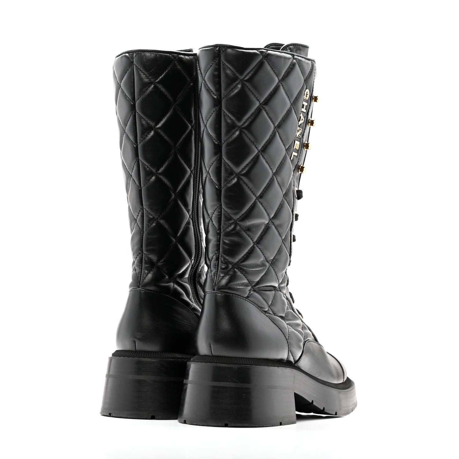 Chanel Calfskin Quilted Logo Lace Up Tall Combat Boots 37.5 Black 5 of 14