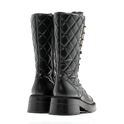 Chanel Calfskin Quilted Logo Lace Up Tall Combat Boots 37.5 Black 5 of 14