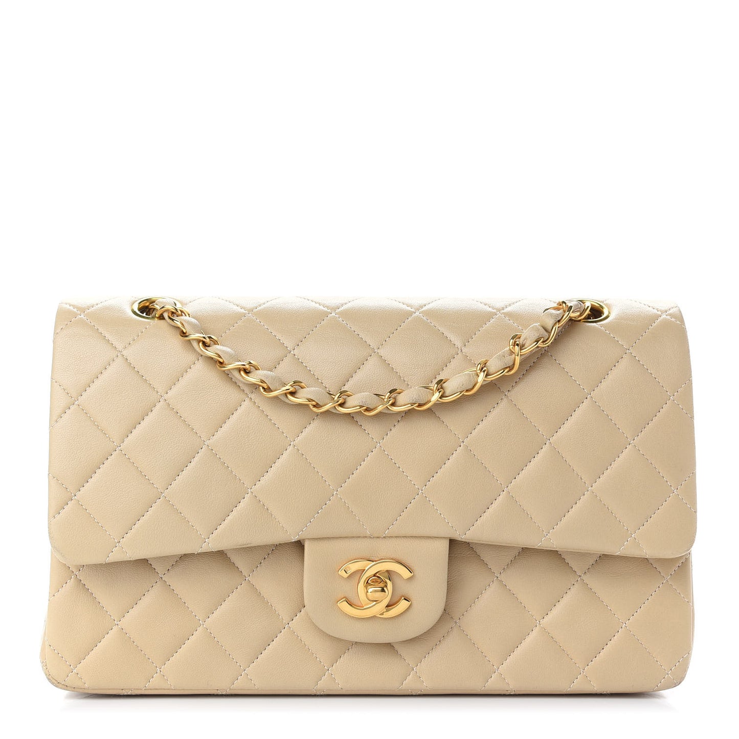 Lambskin Quilted Medium Double Flap Beige