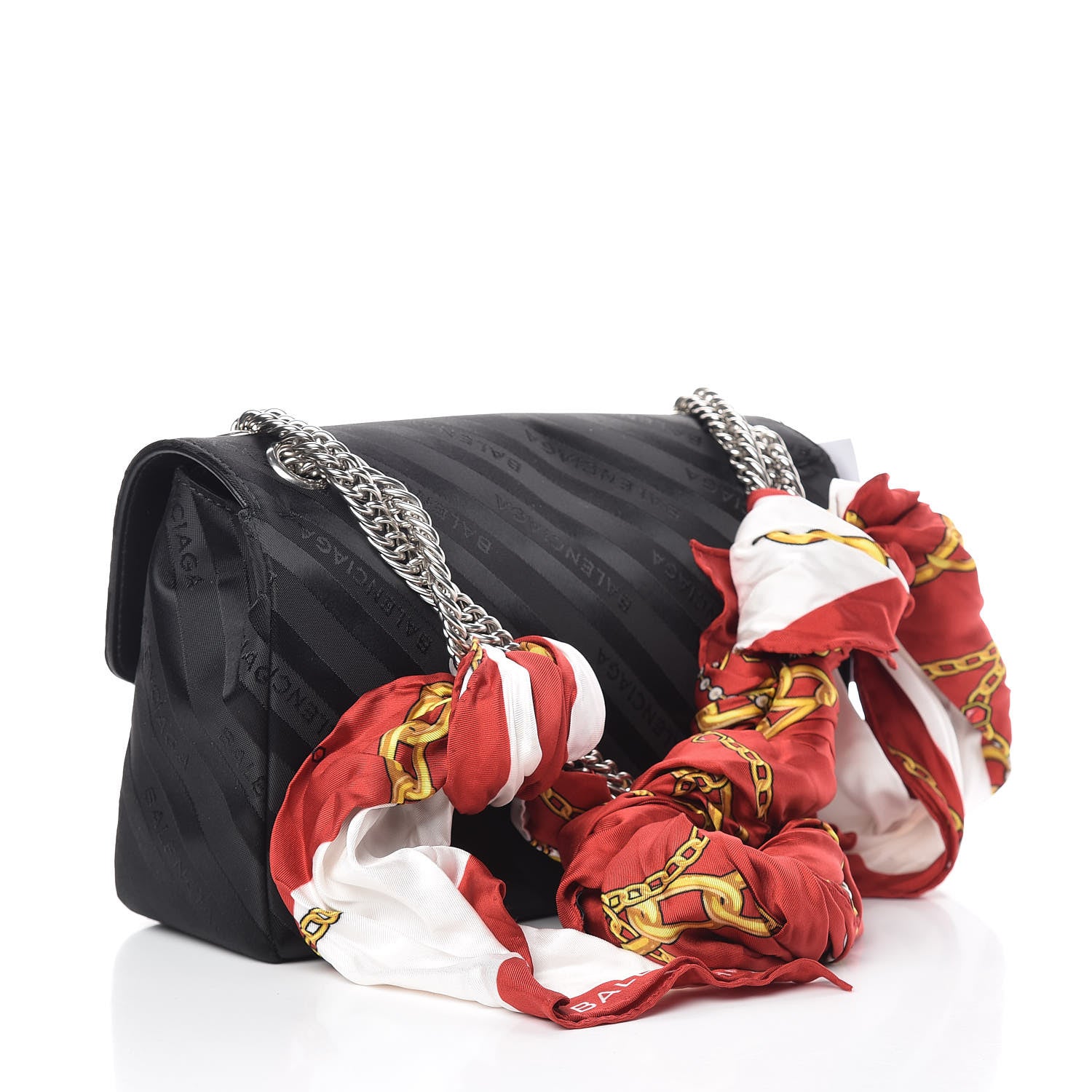 Balenciaga Nylon Jacquard Diagonal Logo Medium Scarf Lock Chain Shoulder Bag Black Red 3 of 11