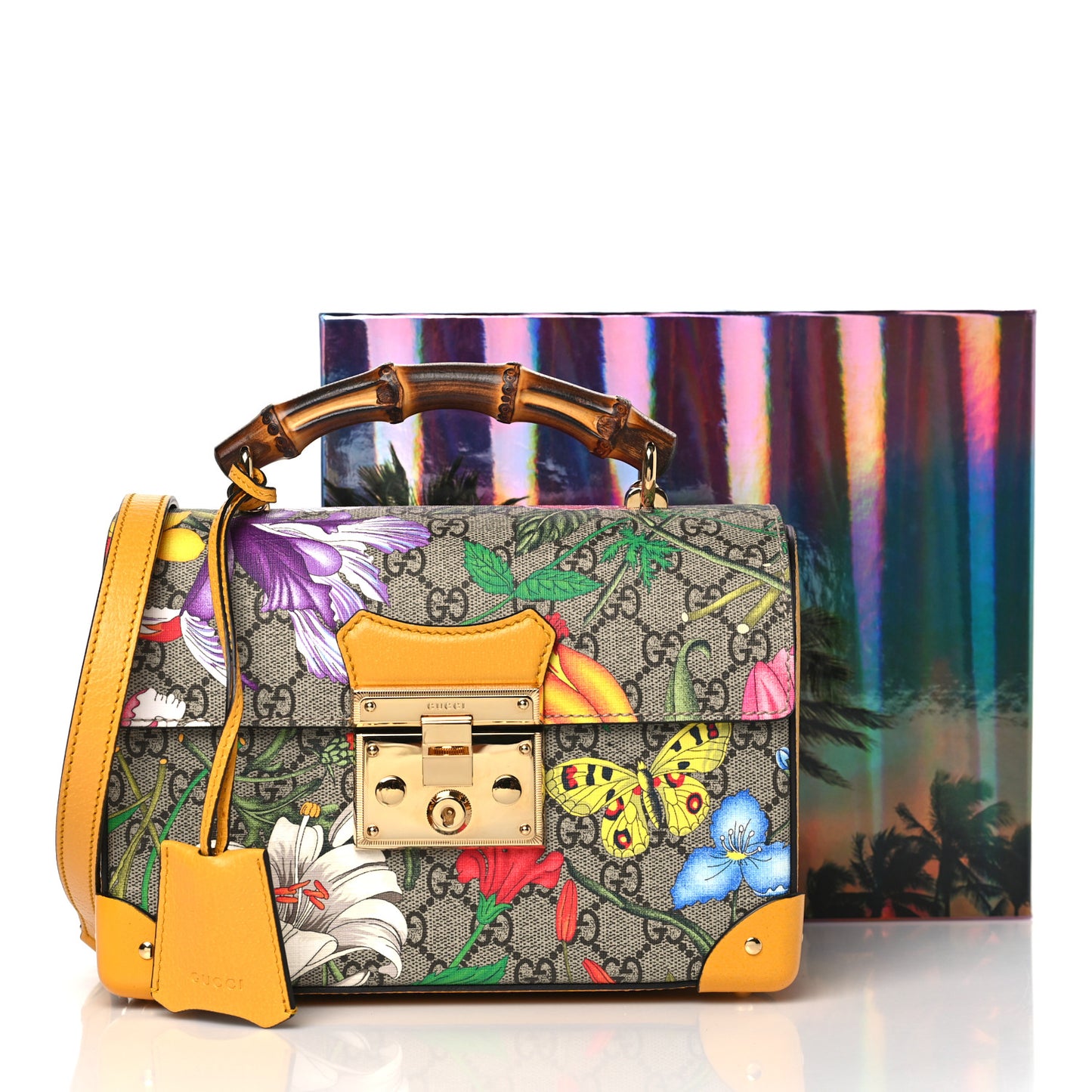 GG Supreme Monogram Flora Small Padlock Bamboo Shoulder Bag Beige Multicolor Crop