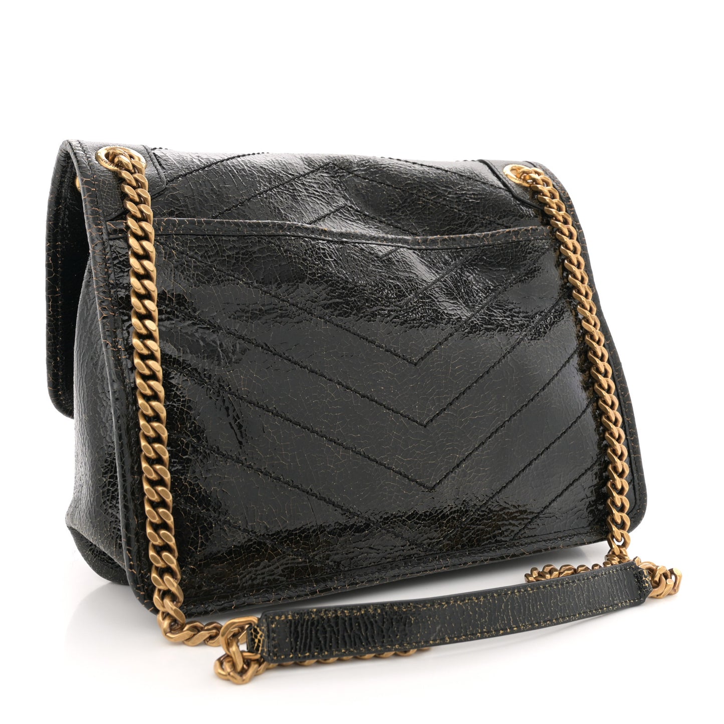 Crinkled Calfskin Matelasse Monogram Medium Niki Chain Satchel Black Ocra