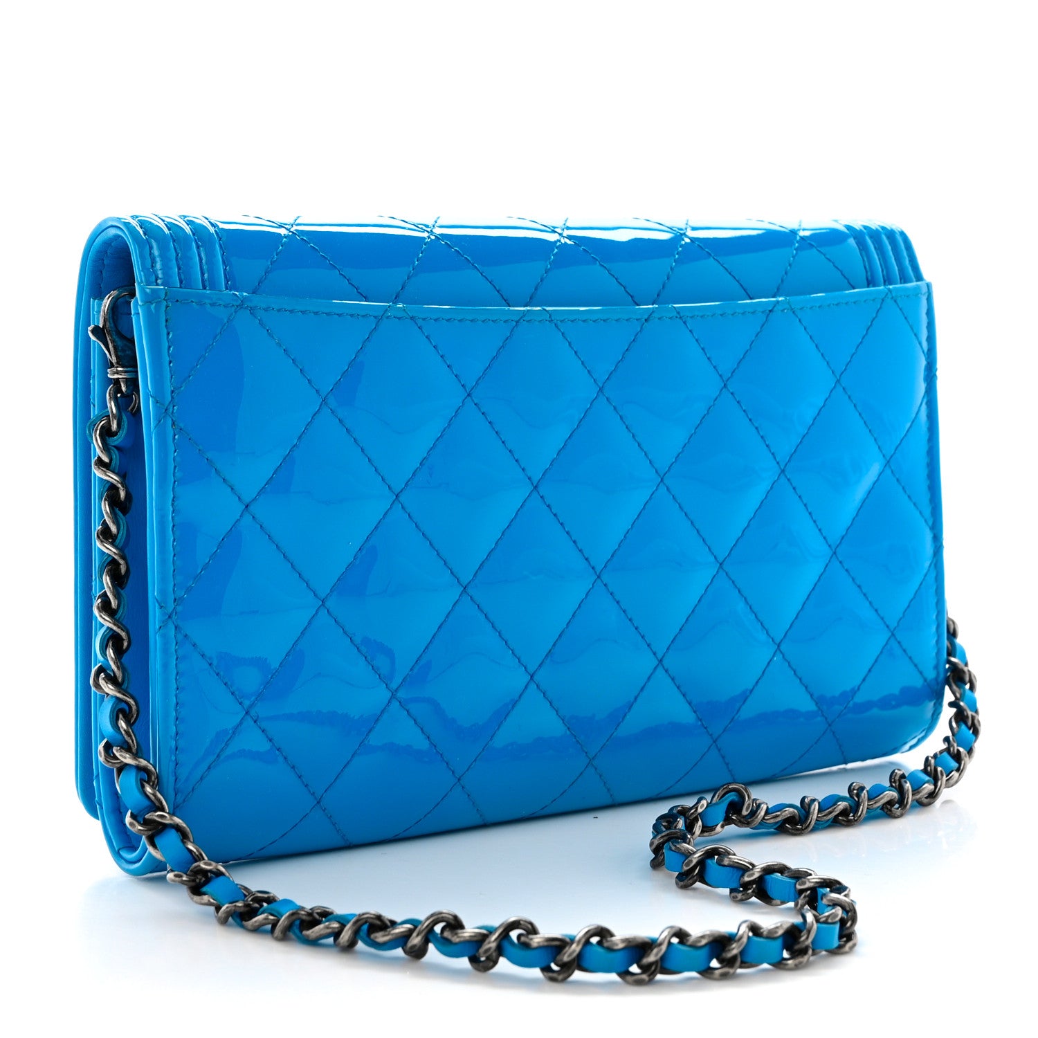 Chanel Patent Calfskin Quilted Boy Wallet On Chain WOC Blue 4 of 10