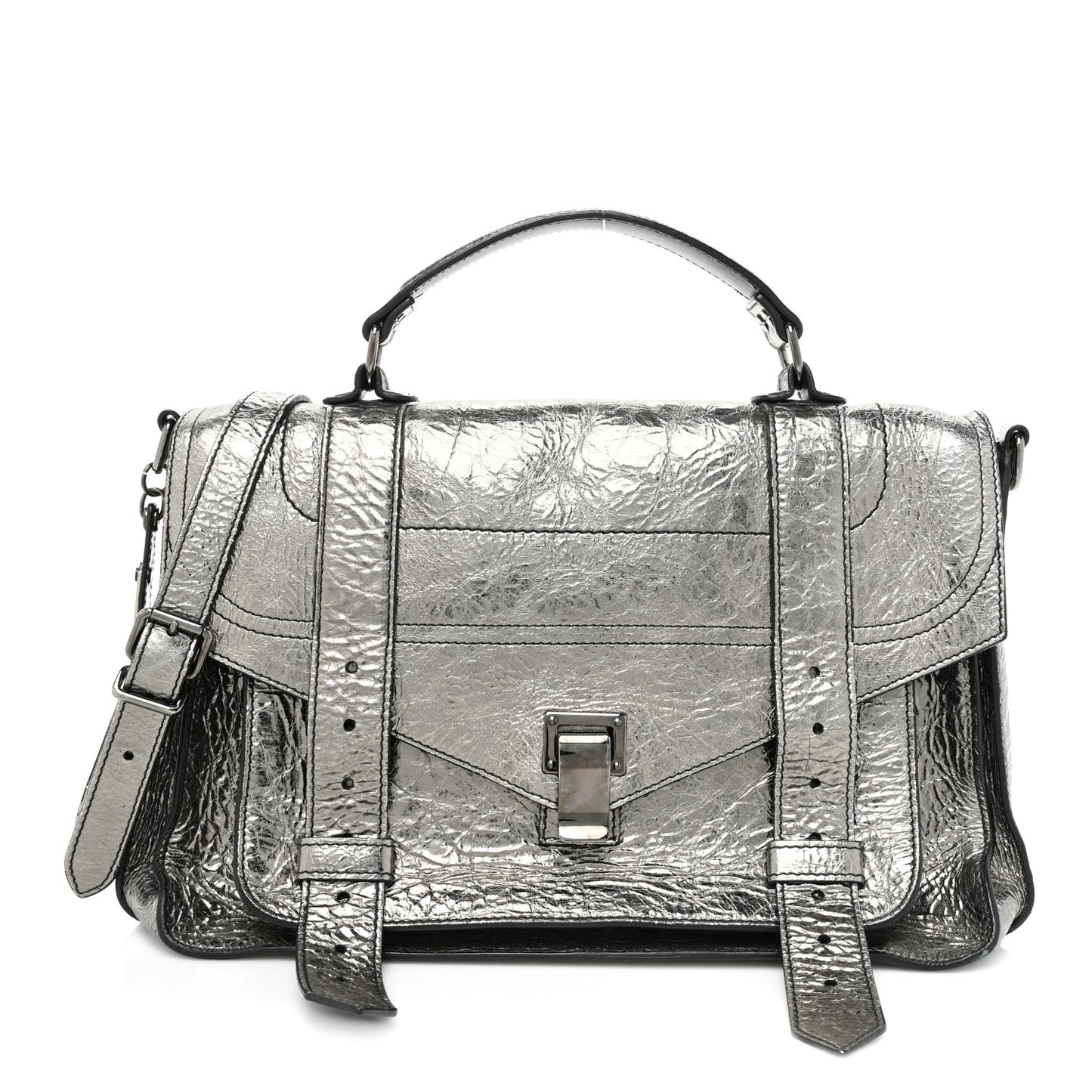 Metallic Paper Lambskin Medium PS1 Plus Zip Satchel Gun Metal