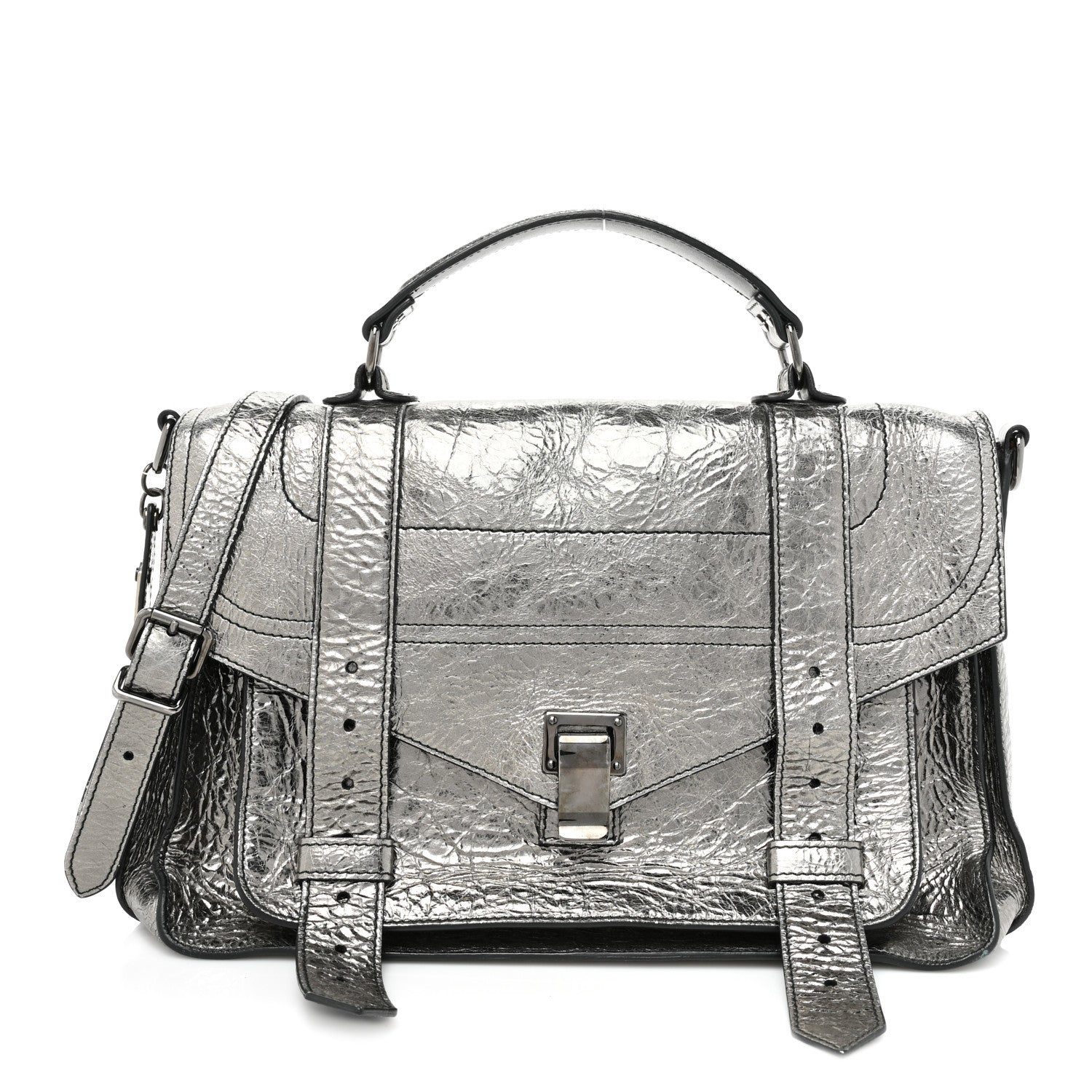 Proenza Schouler Metallic Paper Lambskin Medium PS1 Plus Zip Satchel Gun Metal 1 of 19