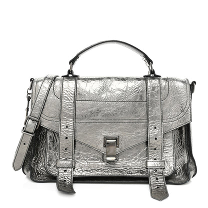 Proenza Schouler Metallic Paper Lambskin Medium PS1 Plus Zip Satchel Gun Metal 1 of 19
