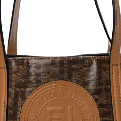 Fendi Glazed Fabric Vitello Century FF 1974 Stamp Patch Shopping Tote Mogano Panna Caramello 8 of 12