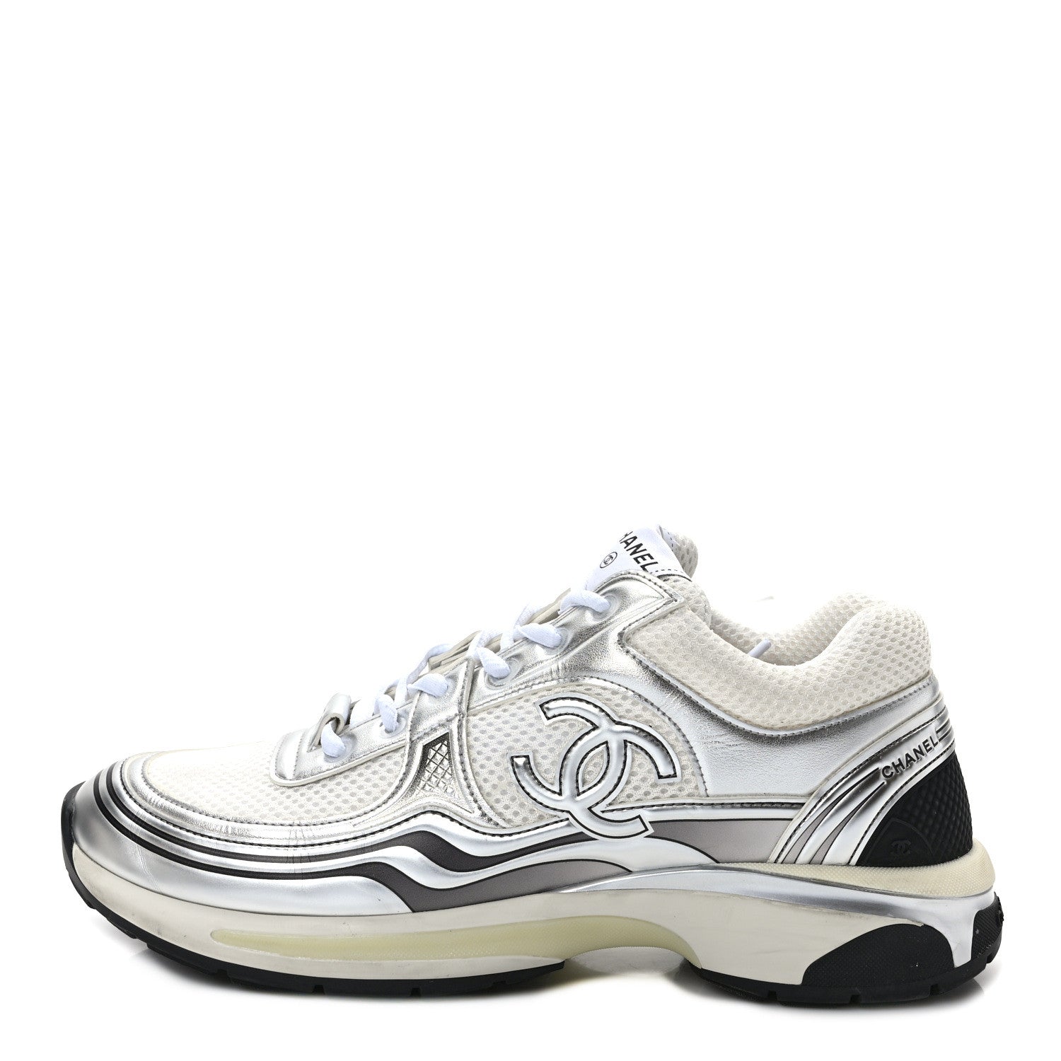 Chanel Fabric Laminated Calfskin Stretch CC Sneakers 41 White Silver 1 of 9