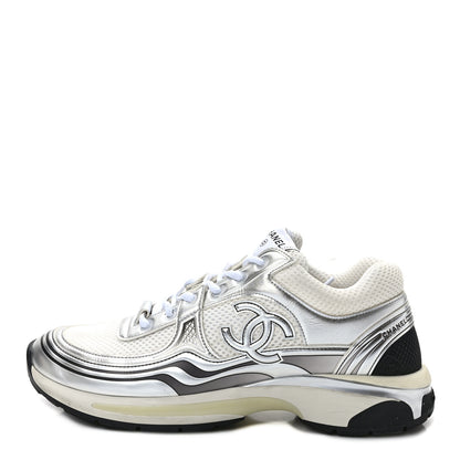 Chanel Fabric Laminated Calfskin Stretch CC Sneakers 41 White Silver 1 of 9